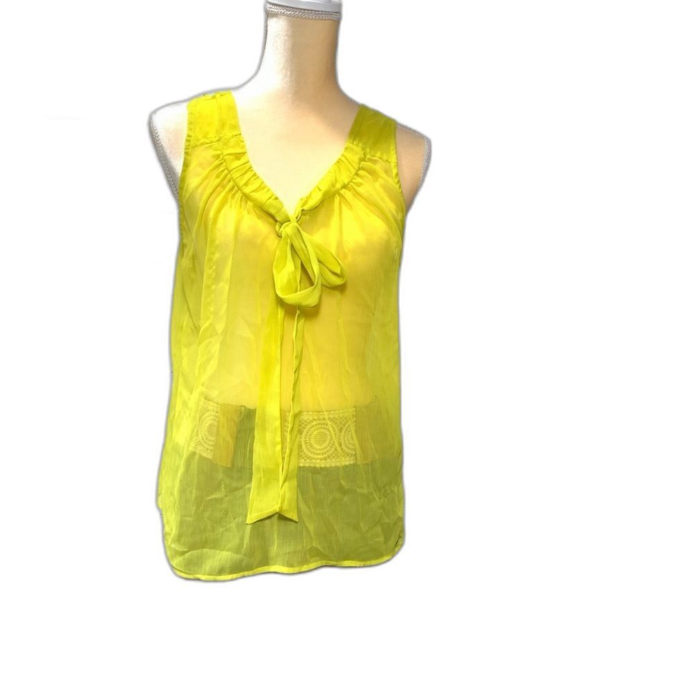 Old Navy Chartreuse Chiffon‎ Tank Top Large Ruffle Tie Front Sleeveless